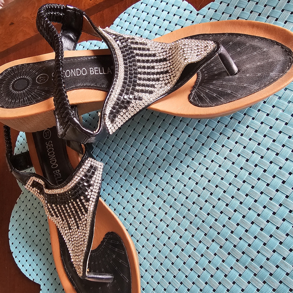 Black and Silver Thong Sandals with Braided Straps